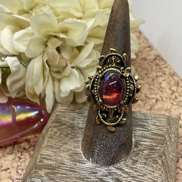 Valentine’s Day Renaissance Medieval gold Ring Mexican Fire Opal Dragons breath - Picture 7 of 16